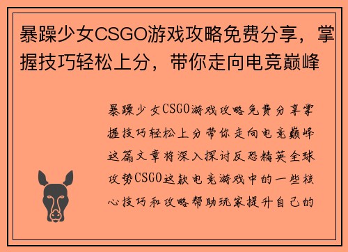 暴躁少女CSGO游戏攻略免费分享，掌握技巧轻松上分，带你走向电竞巅峰